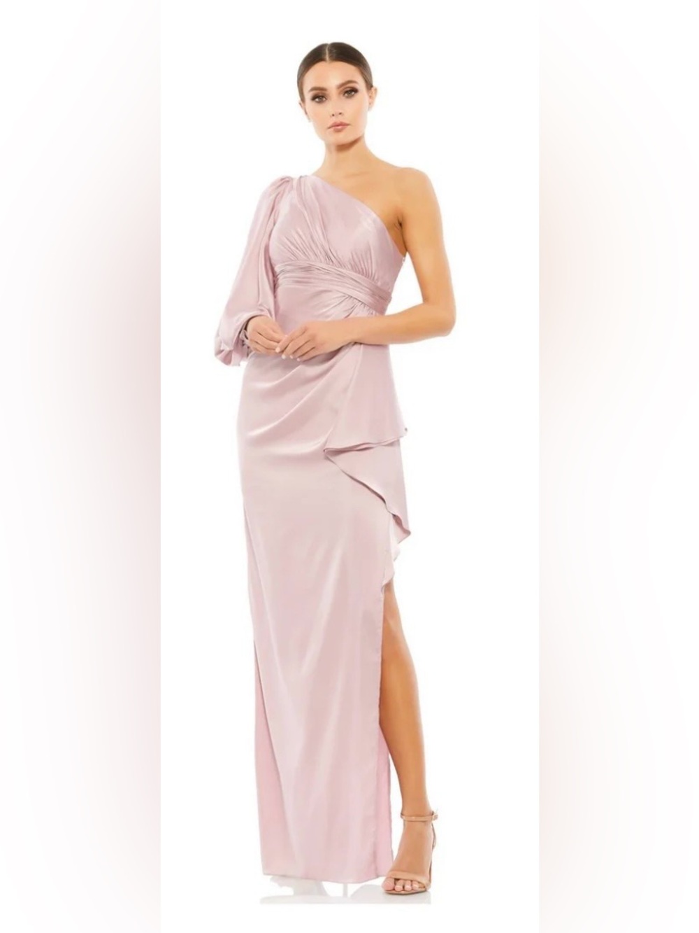 NWT Mac Duggal One Shoulder Bishop Sleeve Mocha Pink Gown Size 2